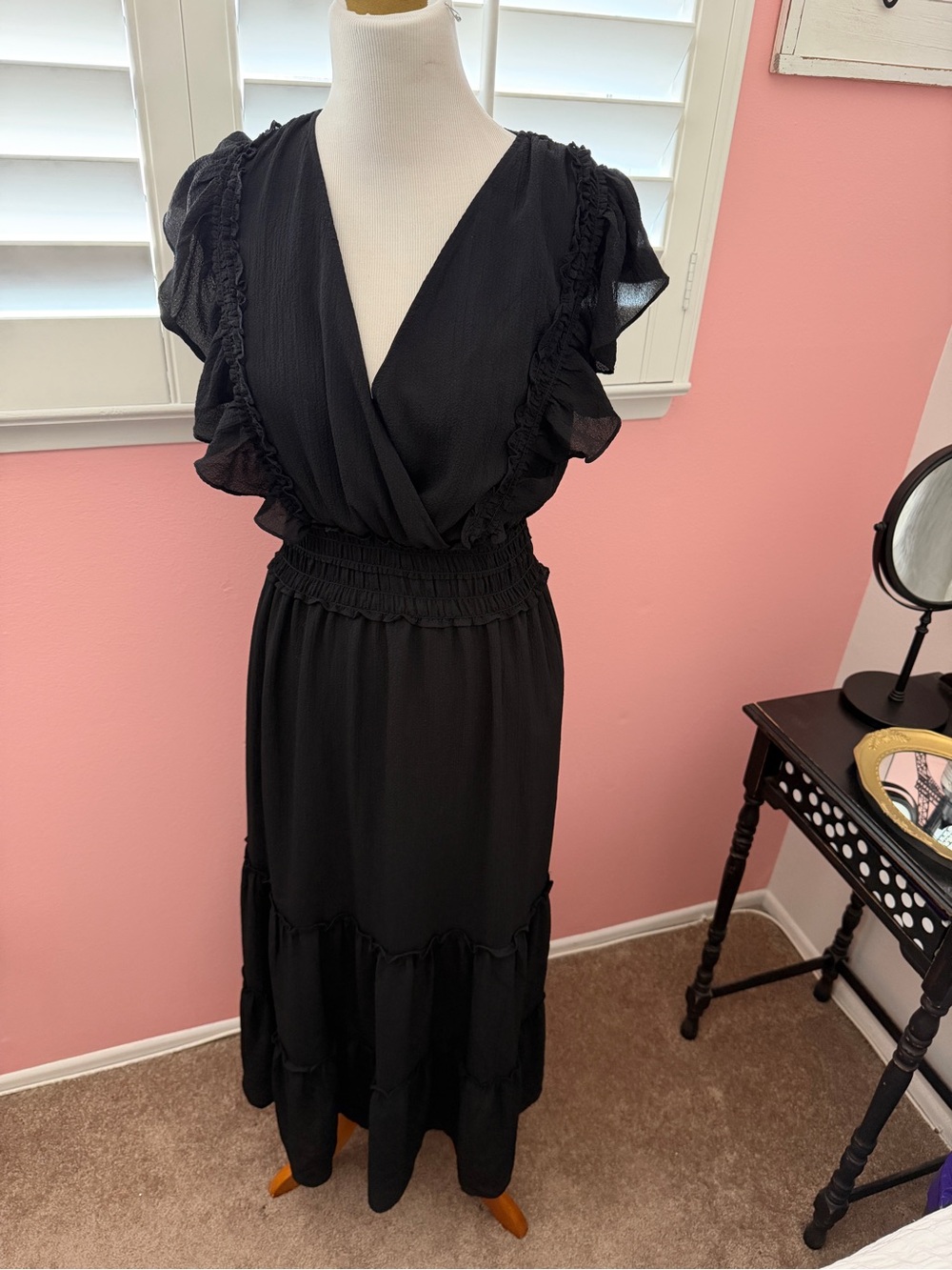 Max Studio Black Ruffled Wrap-Style Maxi Dress